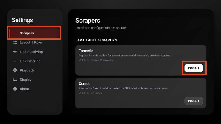select your stremio addon within STRMR and click install