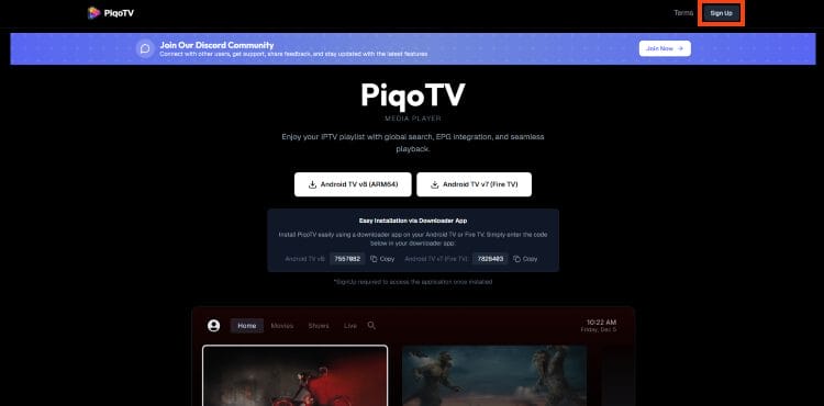 click sign up for piqotv