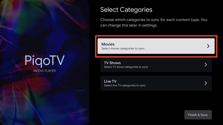 select categories for piqotv