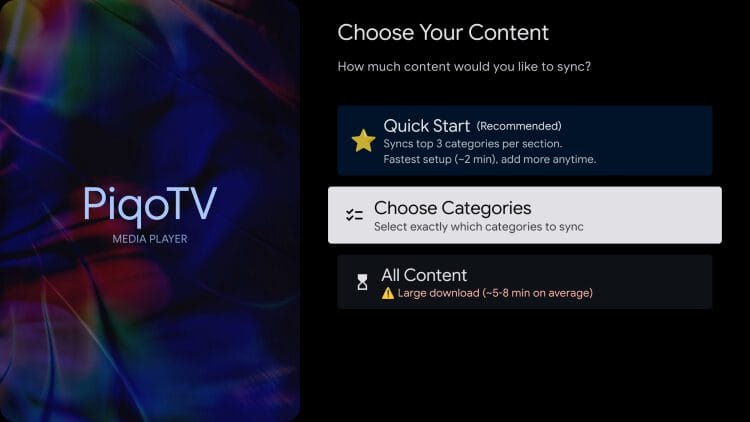 choose categories for piqotv player