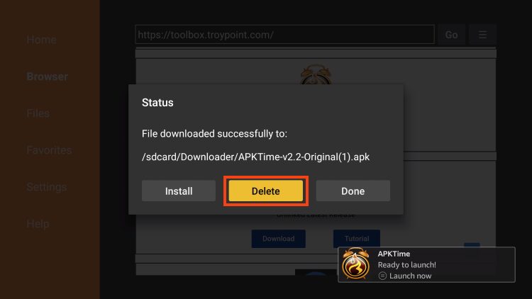 click delete to remove installation file for kodi on firestick
