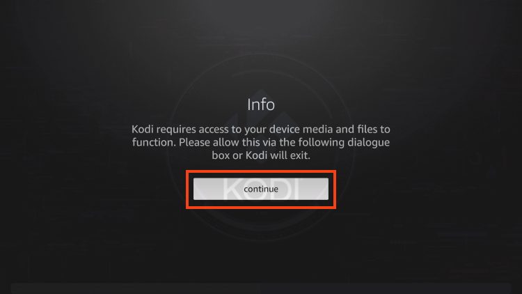 Launch Kodi for the first time and click continue.