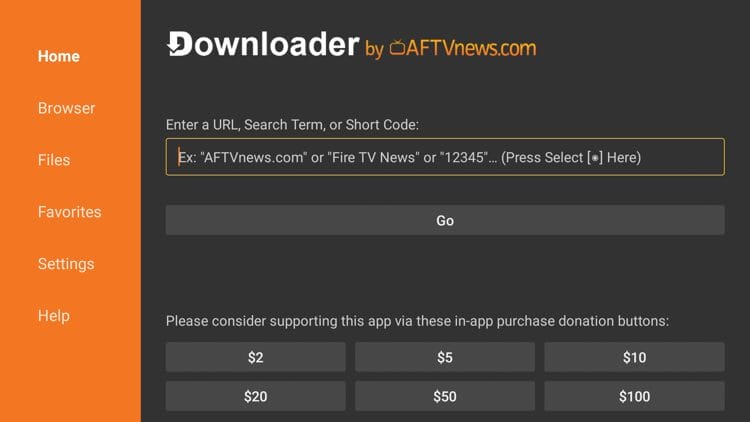 Launch Downloader and hover over the URL Bar and click the select button on your remote.