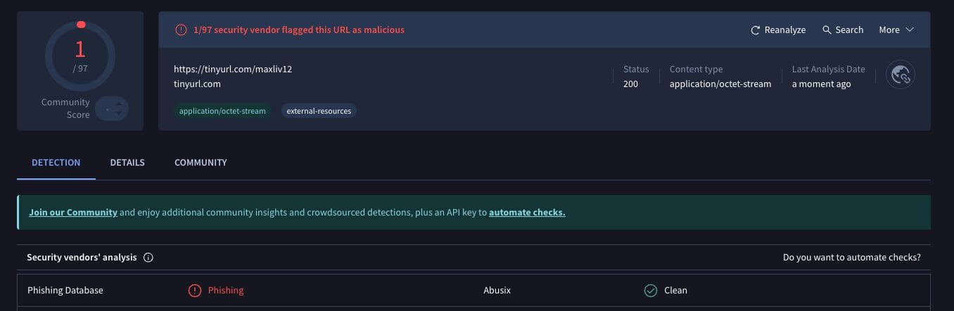 MaxLiv APK VirusTotal Scan