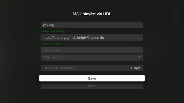 Enter your M3U URL or Xtream Codes login credentials, enter any name, and then click Save.