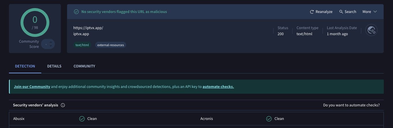 IPTVX VirusTotal Scan