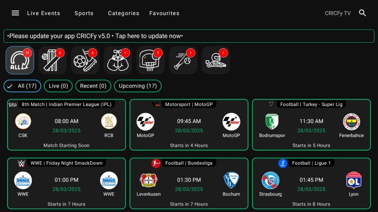 cricytv apk home screen