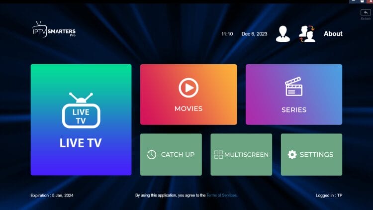 IPTV Smarters Pro Home Screen