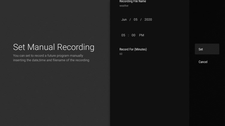 Enter a file name, date, time, and recording duration. Then click Set.
