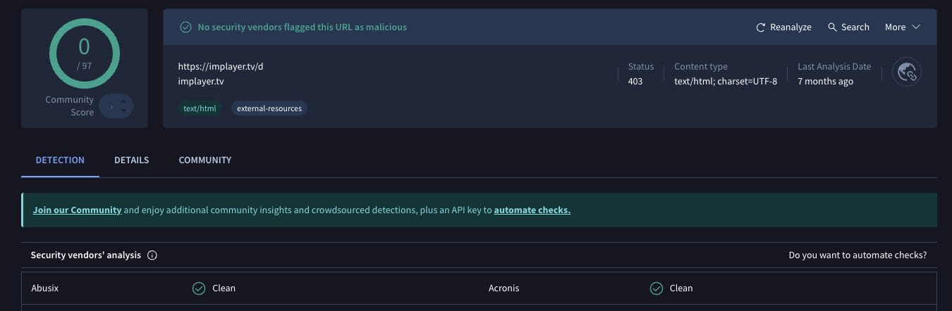 iMPlayer VirusTotal Scan