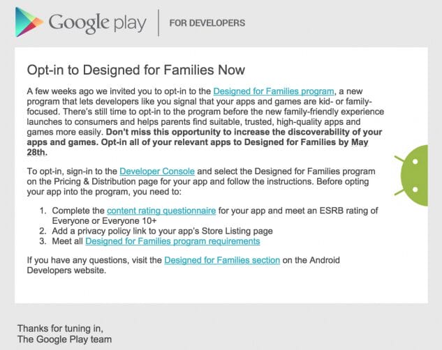Google Play 'Designed for Families' Message