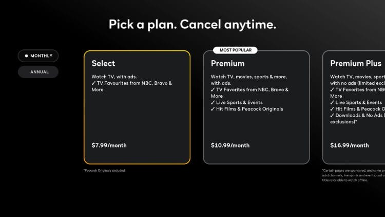 select the peacock plan of your choice