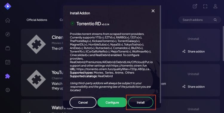 click install torrentio stremio addon
