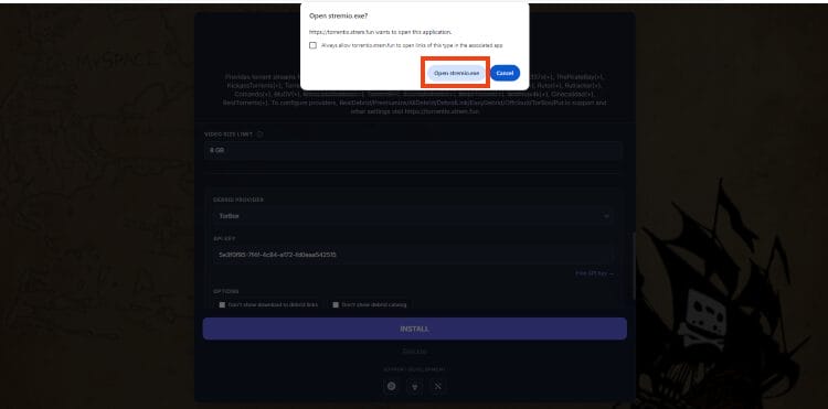 select open stremio.exe to install torretnio