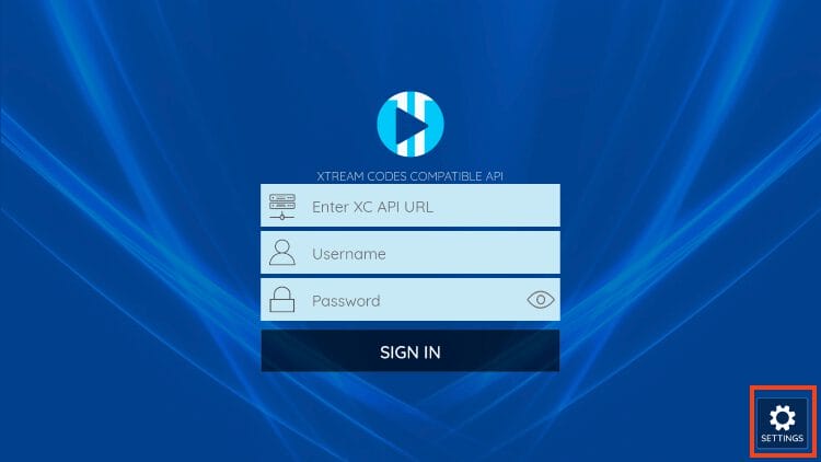 choose settings in xciptv for the tv app