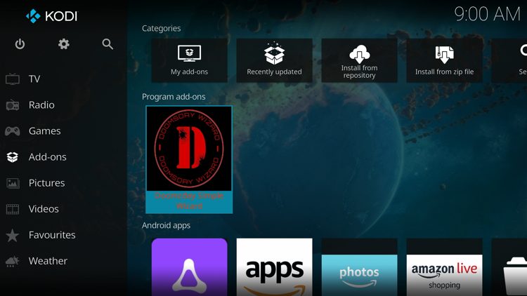 Return back to the home screen of Kodi, hover over Add-ons and click the Doomzday Simple Wizard under Program add-ons.