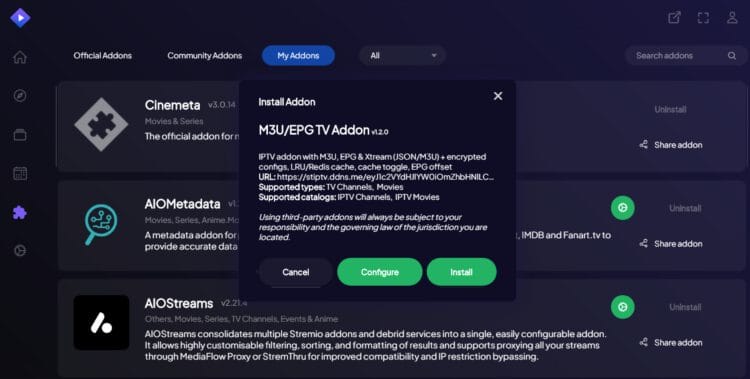 click install m3u/epg addon for IPTV on Stremio