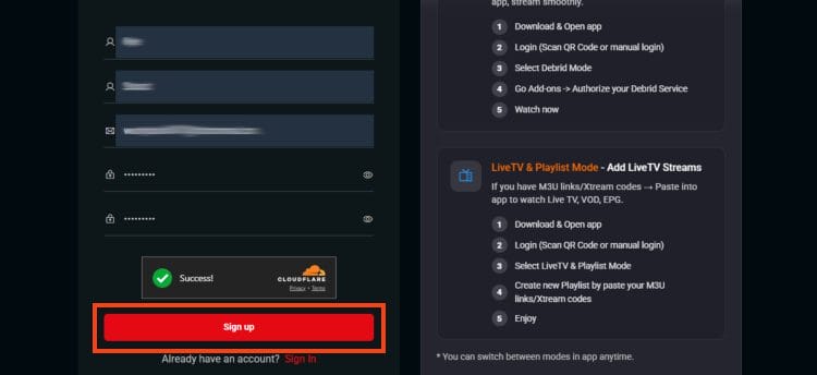 input login credentials and click sign up
