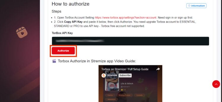 input your api key and click authorize