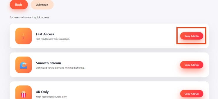 choose copy for your preferred addon