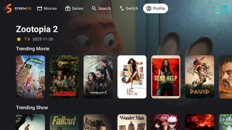 home screen of Stremize