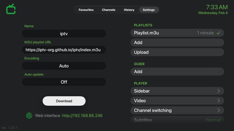 Then choose your preferred IPTV login method. The Flex IPTV app offers logins for M3U playlist URLs. After entering your login credentials click Download.