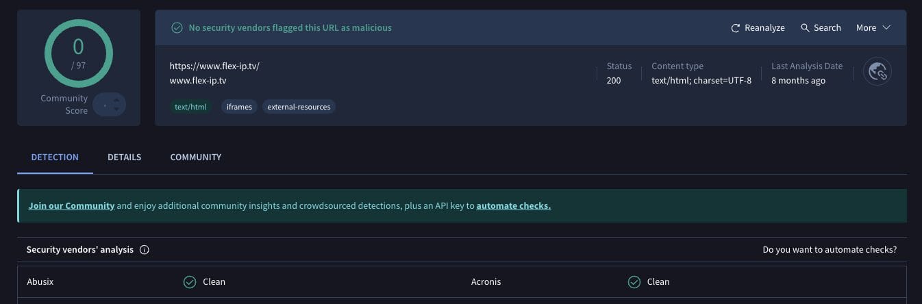Flex IPTV VirusTotal Scan