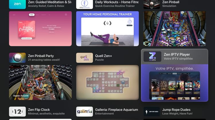 Click the search icon, type in 'Zen' and select the result for Zen IPTV Player with the purple and black icon.