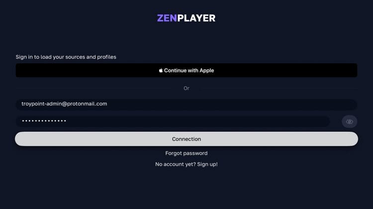 Log in with your Zen IPTV Player credentials.