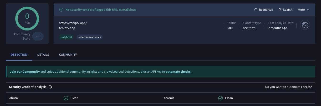 Zen IPTV VirusTotal Scan