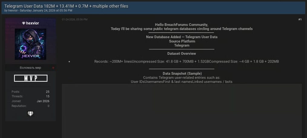Telegram Data Leak on Hacker Forum