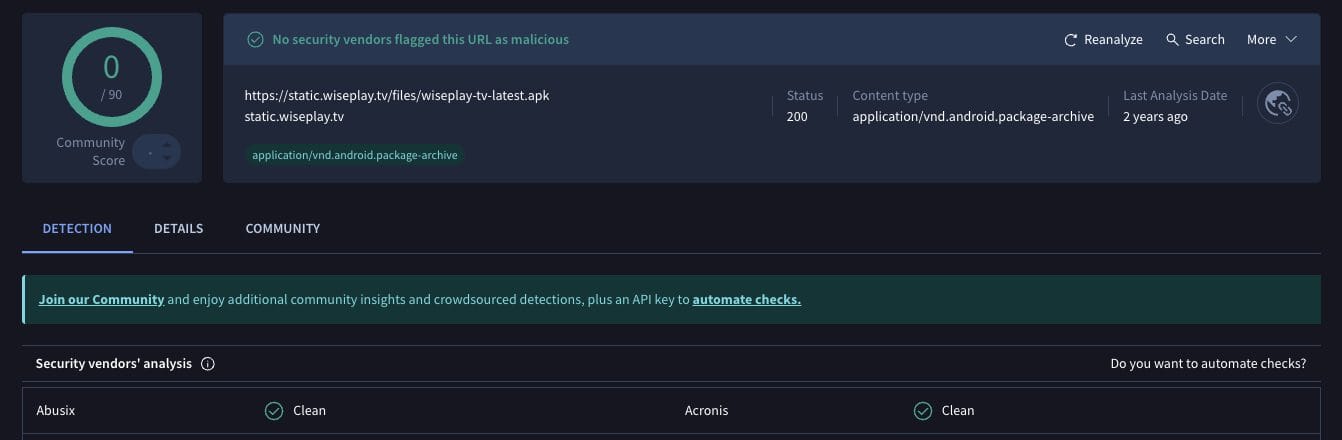 Wiseplay APK VirusTotal Scan