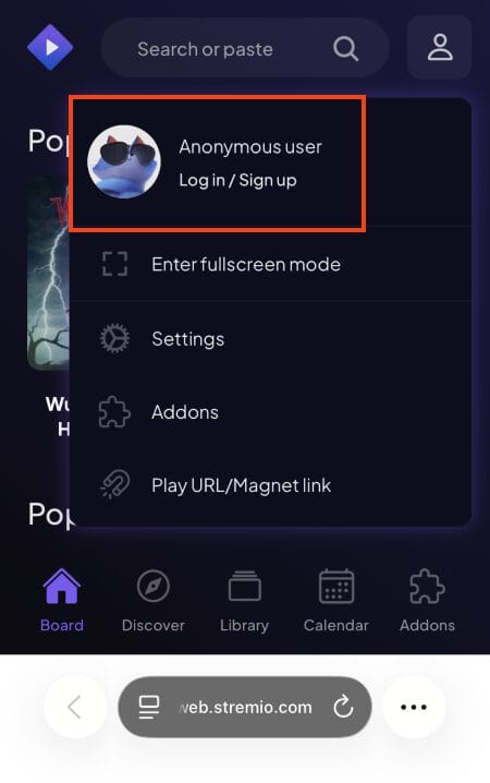 click user profile and select log in for stremio on ios