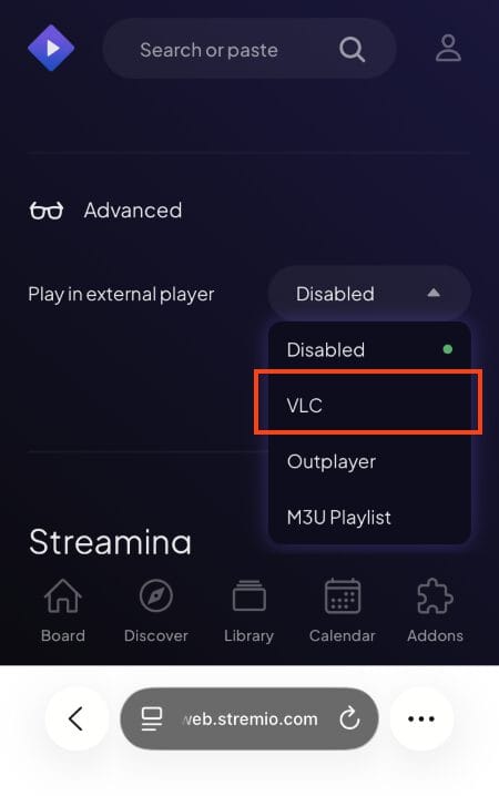 click VLC to watch stremio on ios