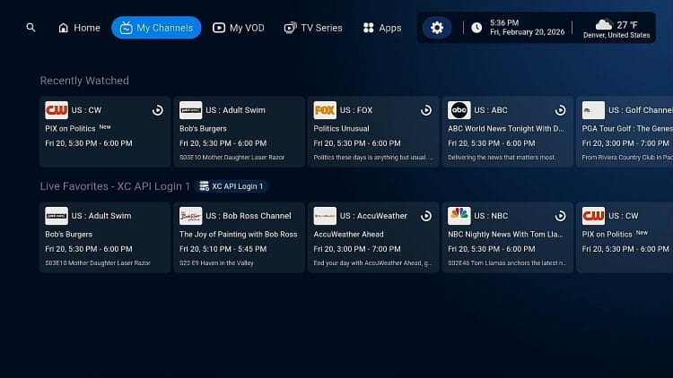 Favorites section for live channels