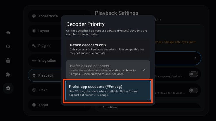 select prefer app decoders