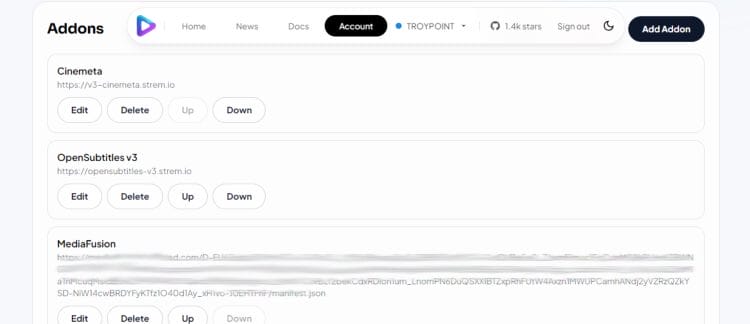 Manage Addons in Nuvio Account Dashboard