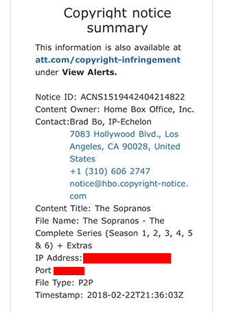 Copyright notice summary from ISP