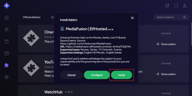 click install mediafusion stremio addon
