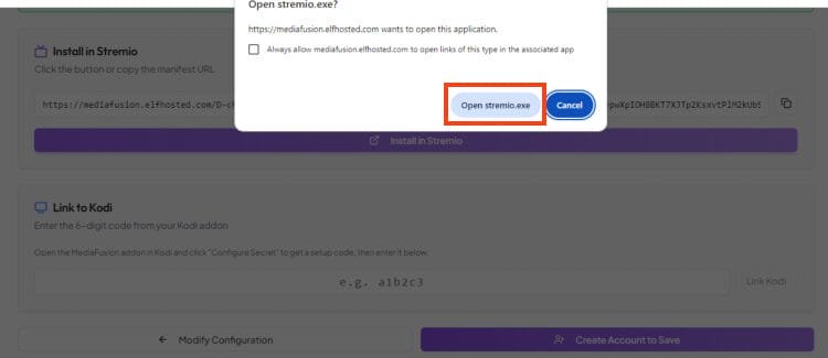 choose open in stremio.exe for mediafusion stremio addon