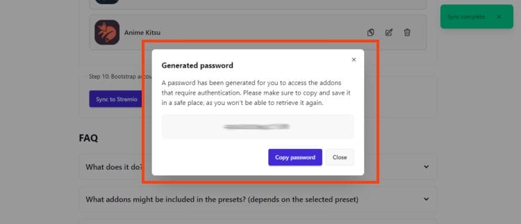 sync complete message with password provided