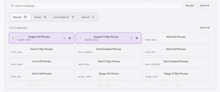 select your catalogs to display in the mediafusion kodi addon