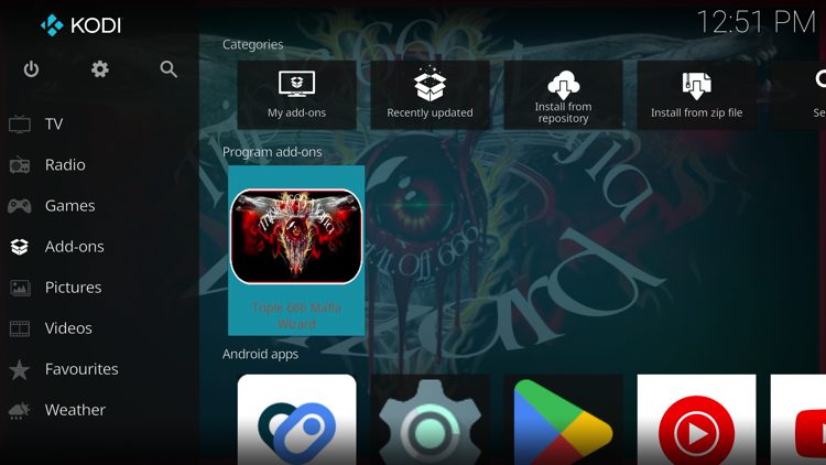 Return back to the home screen of Kodi, hover over Add-ons and click The 666 Mafia Wizard under Program add-ons.