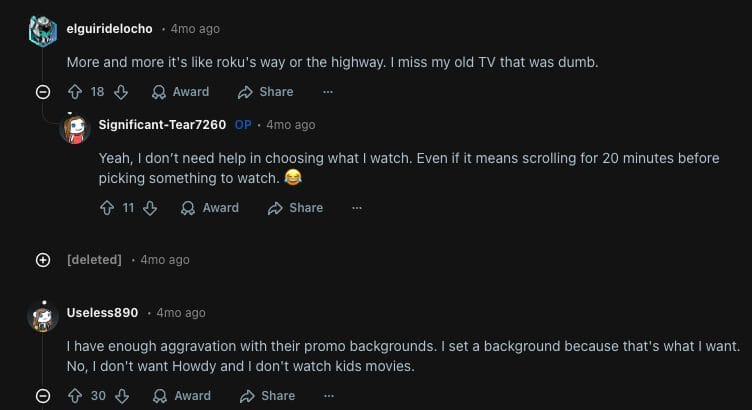 Reddit Thread Criticizing Roku's Home Screen Updates