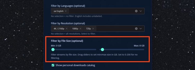 filter languages/resolution and adjust file size filter