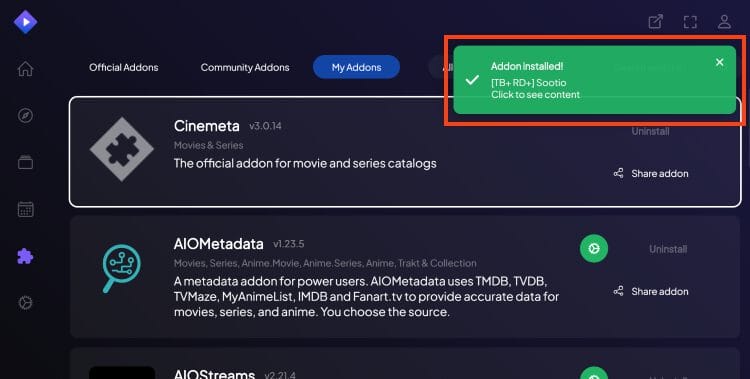 sootio addon installed message
