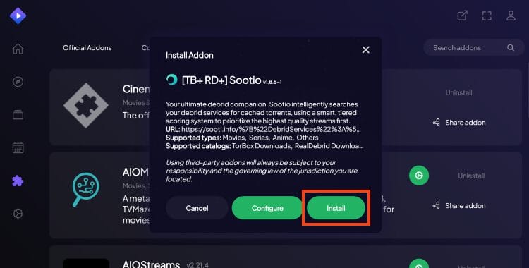 click install for sootio stremio addon