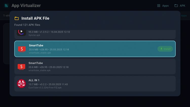 Scroll through the list of APK files provided by App Virtualizer and choose one you want to install.