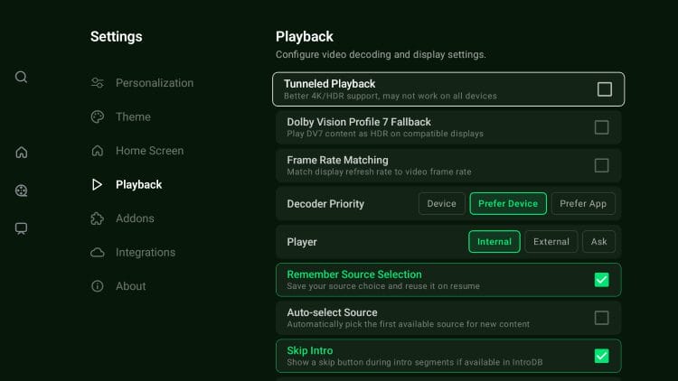 playback settings