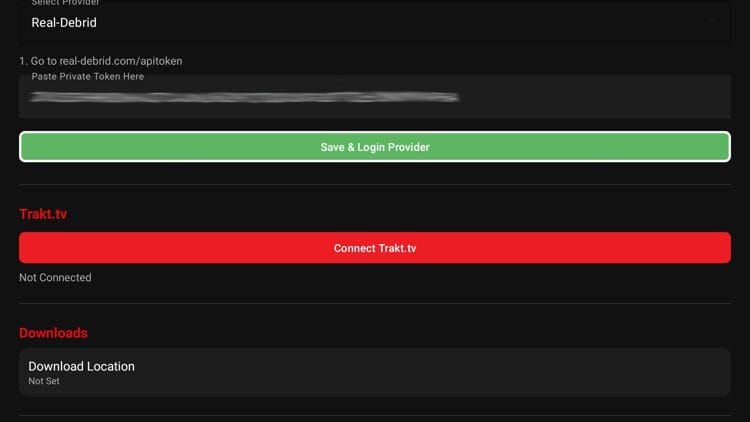 Paste your Real Debrid API token from the previous step and click Save & Login Provider. 
